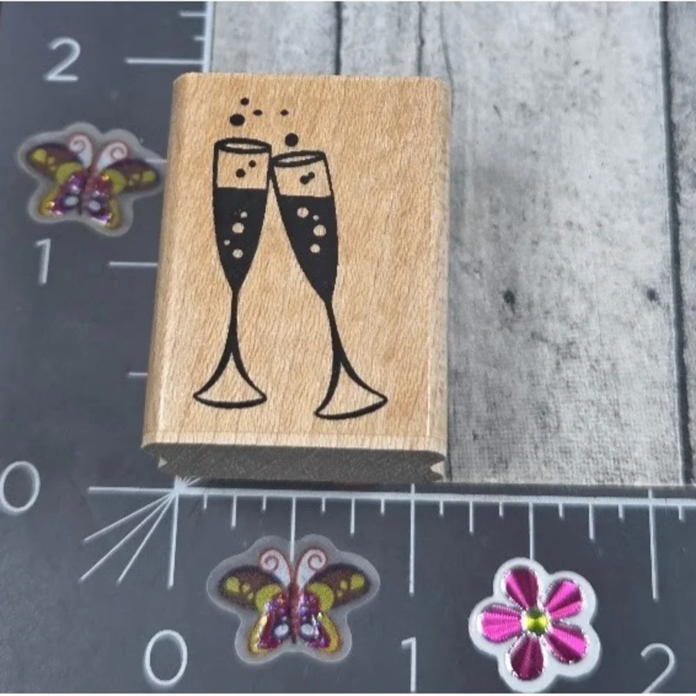 CTMH Champagne Toast Celebrate Glasses Rubber Stamp Wood #O103